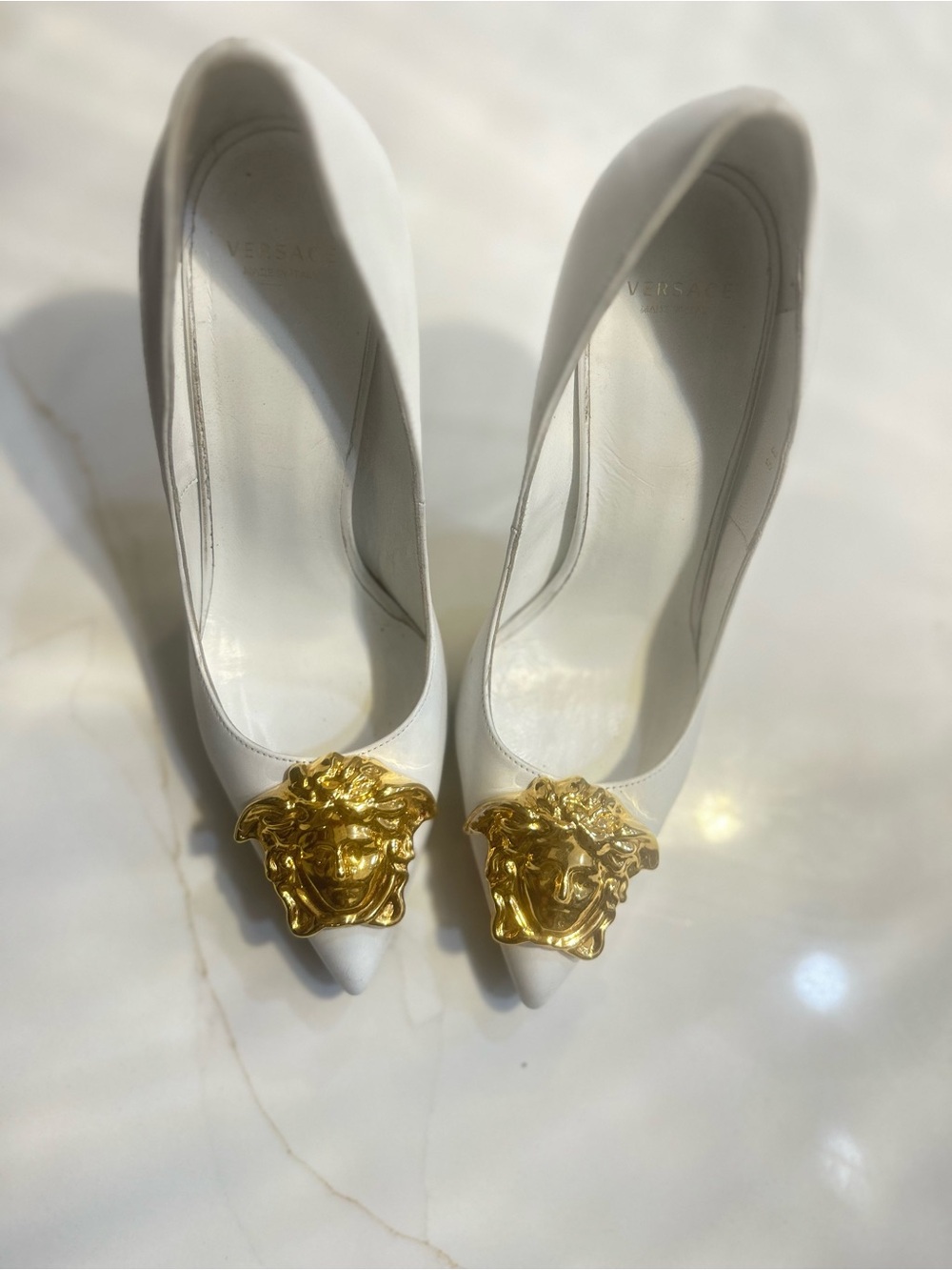 Versace White Leather Pumps with Gold Medusa Accents